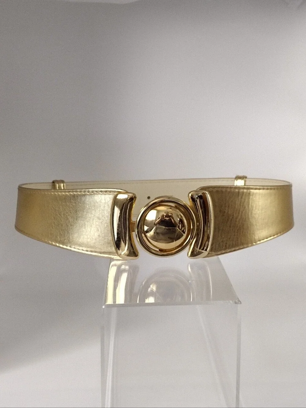 80s Gold Metallic Vegan Leather Waist Belt with Metal Interlocking Buckle